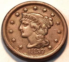 1857 Braided Hair Large Cent, Higher Grade, Better Date, Type Penny 1C Coin