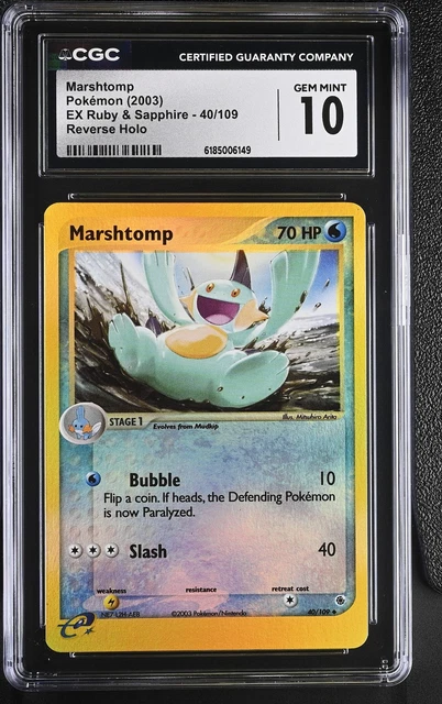 CGC 10 GEM MINT Marshtomp 40/109 EX Ruby & Sapphire Reverse Holo Pokemon Card