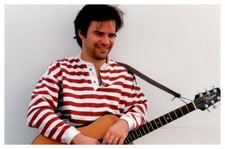 1990s Man in Striped Shirt Smiling with Takamine Acoustic Guitar Vintage Photo