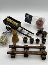 Lot 11 Piece Fontanini Roman Nativity Accessories Cart Wagon, Fence, Jug, Bucket
