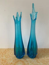 Set of 2 - Blue L.E. Smith Swung Vases 4 Finger Four Square MCM Art Glass