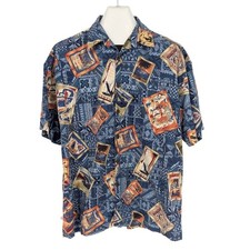 Vtg Robert Stock Hawaiian Button Up Shirt Postcard Travel Print Aloha Y2K Size L