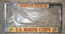 VTG USMC SEMPER FIDELIS U.S. MARINE CORP YELLOW RED LICENSE PLATE FRAME METAL