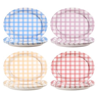 48 Pcs Pastel Gingham Oval Paper Plates 10'' x 12'' Easter Colorful Checkered L...