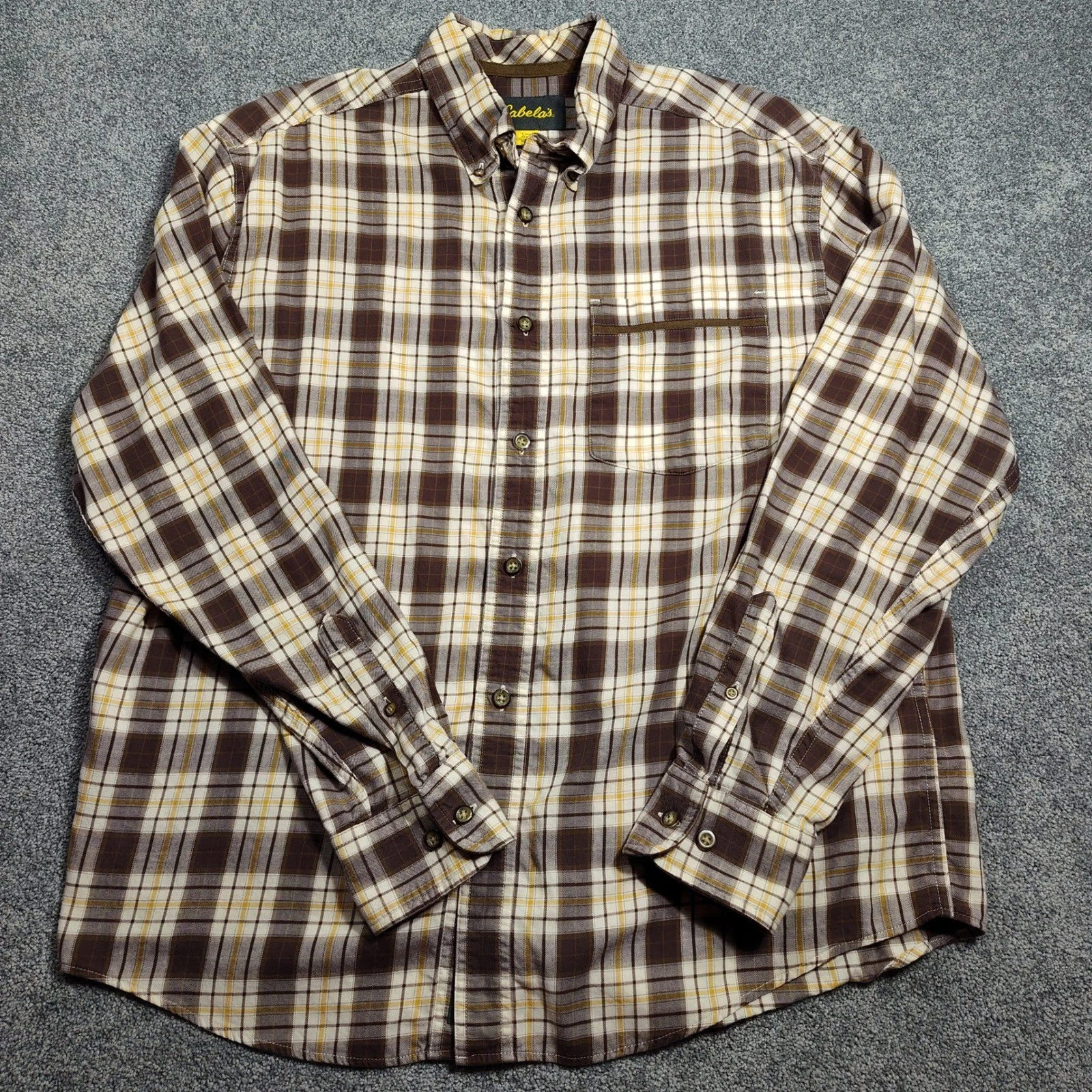Cabelas Shirt Mens L Brown Plaid Flannel Button Down Long Sleeve Outdoor Thick