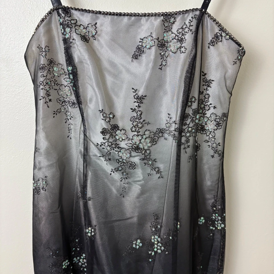 Y2K Long Formal Dress Black Floral Overlay Whimsigoth DarkFairy Sz 7/8 Prom Hoco - Image 4 of 4