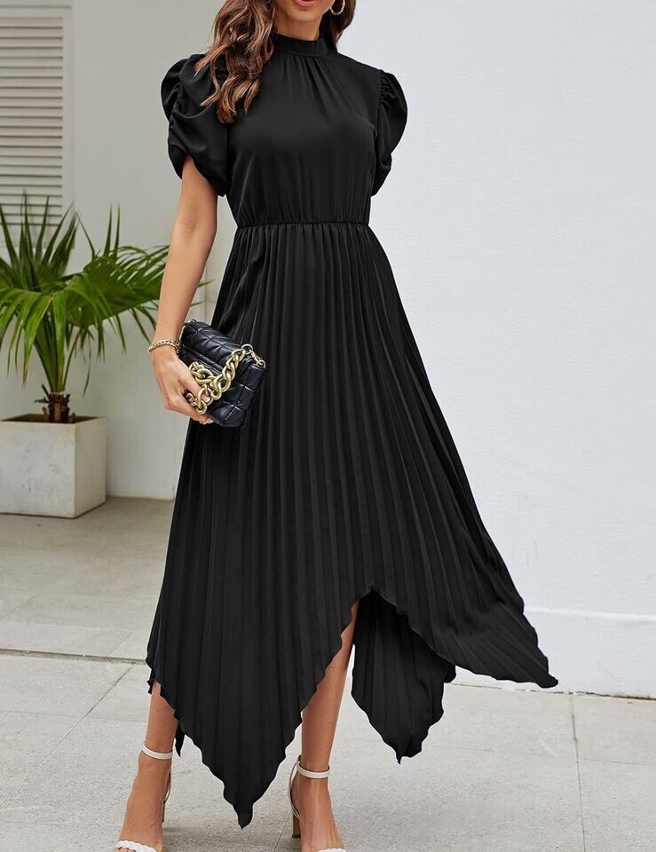 ワンピース ETMON Combination Color Piping Dress, Black Theenkoln Women's Midi Dress Size Medium Pleated High Neck