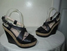 GASTONE LUCIOLI BLACK LEATHER WEDGE SANDALS SZ 39 US 8.5 MADE IN ITALY
