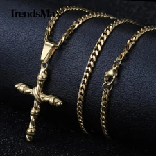 Gold Plated Stainless Steel Vintage Religious Cross Pendant Necklace Men's Chain