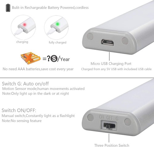 3 Motion Sensor Night Light PIR Wireless USB Rechargeable 10 LED Magnetic 19cm - Picture 5 of 9