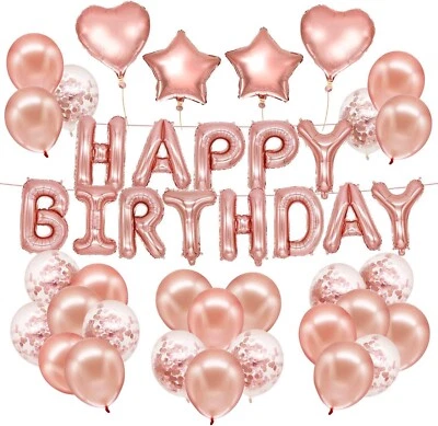 Happy Birthday Balloons Set Foil Baloon Banner Bunting Rose Gold Confetti UK