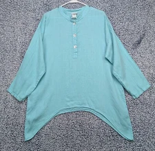 Match Point Tunic Blouse Womens M 100% Linen Lagenlook Peasant Boho Beachy Blue