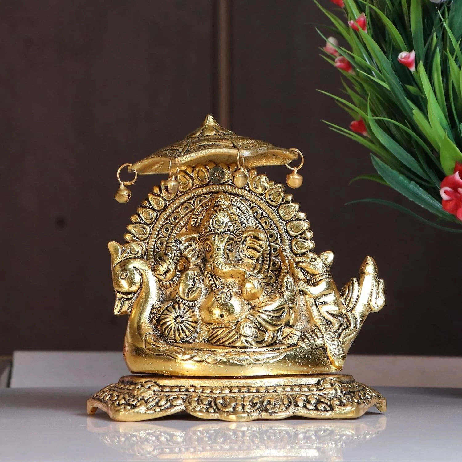 Metal Ganesha Statue Sitting on Boat Sculpture statue Idol Figurine