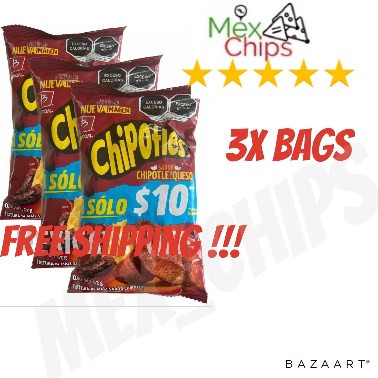 Ð§Ð¸Ð¿Ñ�Ñ‹ CHIPS Chipotle Queso Mexican chips BARCEL 3 BAGS, (62 G EACH) EXP MAR...