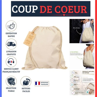 Sac de sport en coton écru à cordon Sac à dos Gym 38x42cm - Photo 1/4