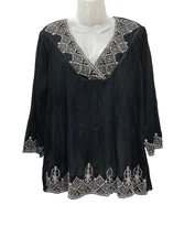 INC International Concepts Top 3/4 Sleeve Sheer Black Embroidered Babydoll 1X