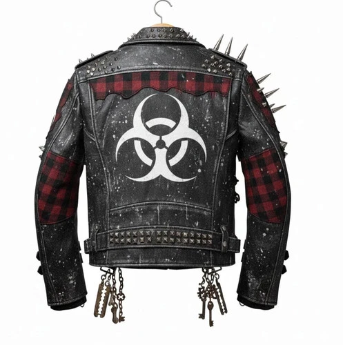 Best Punk Gothic Spiked Leather Biker Jacket Chains Biohazard Rock Fashion Coat image 2