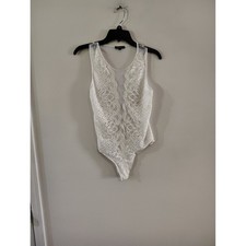 Ambiance Womens White Floral Lace Sleeveless Bodysuit Sheer Mesh Back Large