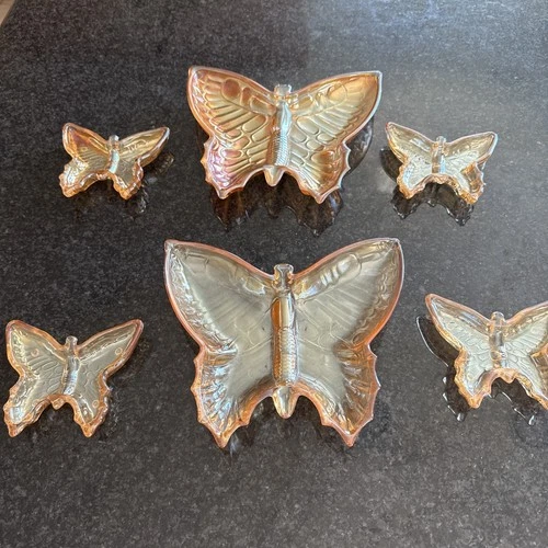 Set of 6 Jeanette Glass Dish Vintage Butterfly Amber Nut Candy Relish Divided