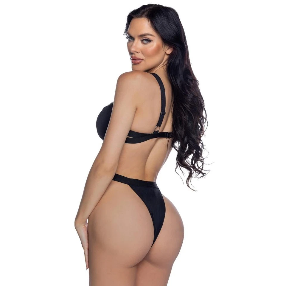 Traje de baño Playboy estrás logotipo estampado correas anchas corte alto descarado negro PBS106 Foto 2 de 3