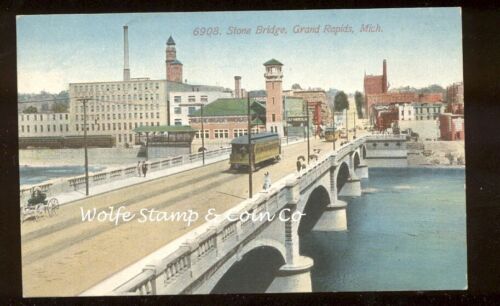 1914 View Trollies on Stone Bridge Grand Rapids MI A6701 - Picture 1 of 1
