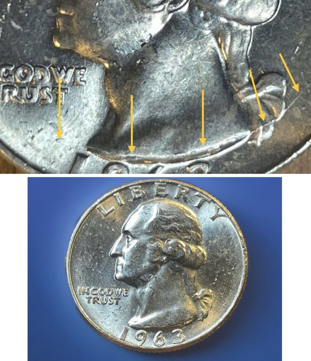 銅滴 1963-D Washington Quarter Mint Error. Long Obverse Die Crack