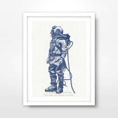 TIEFSEE TAUCHERHELM MEER NAUTISCHER KUNSTDRUCK blaues Dekor Wandbild A4A3A2