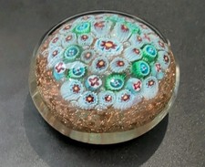 VTG Murano Hand Blown Italian Art Glass Millefiori Paperweight Blue Green Gold