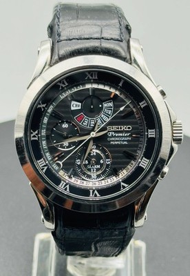 Seiko Premier Chronograph Watch Alarm Perpetual Calendar Black Dial SPC053P1