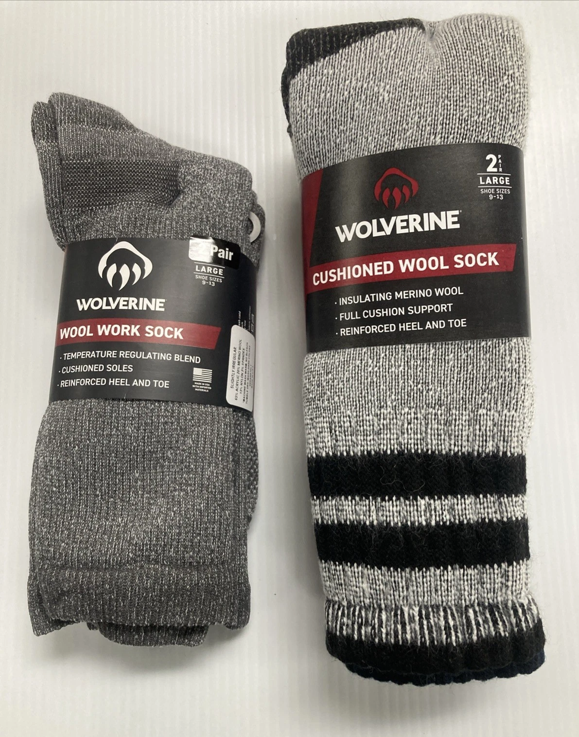 Wolverine Merino Wool Cushioned Work Boot Socks, L (men's shoe 9-12), 4 pairs