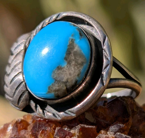 Vintage Navajo Sterling Silver Bisbee Turquoise Ring Sz: 7.25 Native American