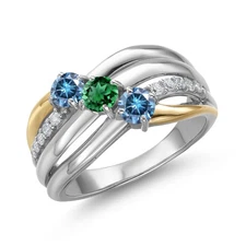 925 Silver and 10K Yellow Gold Persian Blue Moissanite and Nano Emerald and Lab