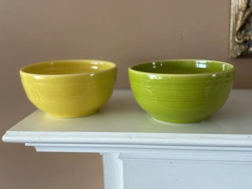 Old Stamp FIESTA Yellow & Green Pair Bistro Coupe Cereal Bowls (5.5")