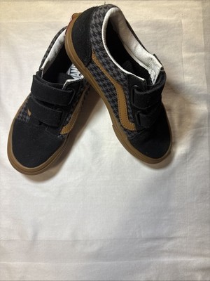 VANS Old Skool V Sneakers Black& Gray Houndstooth Pattern Gum Sole Youth 13.5
