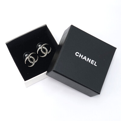 CHANEL CC Logos Rhinestone Stud Earrings Silver Tone B15C Auth w