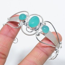 Aqua Chalcedony Gemstone 925 Sterling Silver Jewelry Adjustable Cuff Bracelet