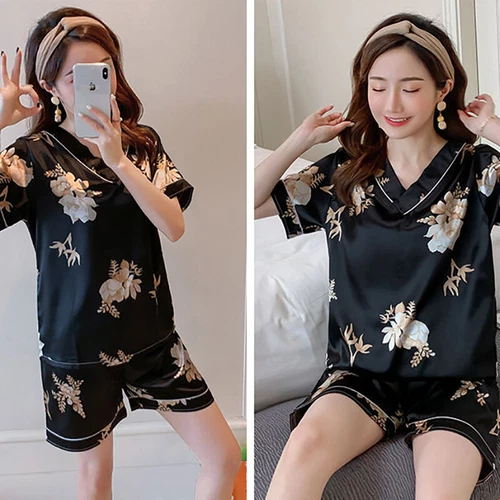 Damen Seide Satin Pyjama Set Kurzarm Nachtwäsche V-Ausschnitt Homewear 2-teilig Pyjama - Bild 33 von 60