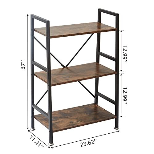 3 Tier Bookshelf, Rustic Office Shelves Bookcase, Wood and Metal