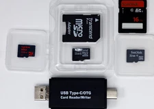 Qty 4 memory cards Sandisk 128GB & 32GB MicroSD, 16GB SD; Transcend 32GB MicroSD