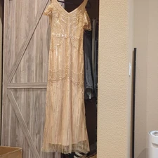 BABEYOND Rose Gold Fringe Party Dress - Size Small - V-Neck Long Layer Fringe