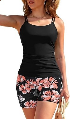 Damen Tankini Set 2-teilig wattiertes gerafftes Oberteil mit Tasche Boyshorts - BRANDNEU