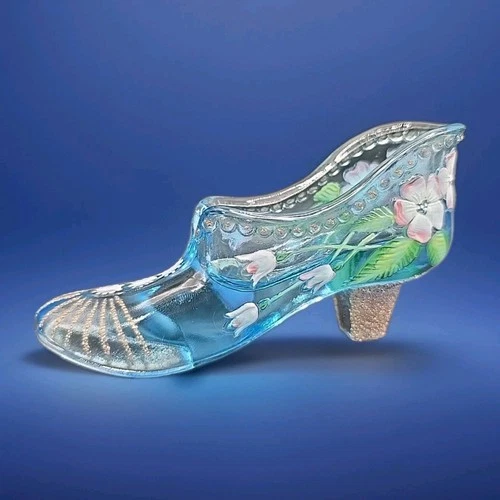 Fenton Art Glass Shoe Boot Ice Blue Hand Painted E Lowe Signed Nancy Fenton 95th