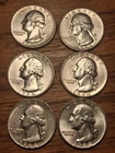 6 brilliant uncirculated silver quarters 1964 p,d mint nice.