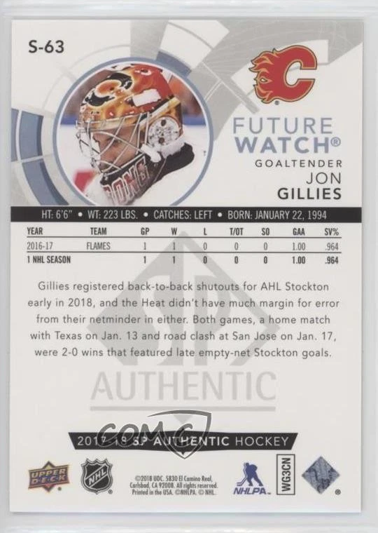 2017-18 SP Authentic Spectrum FX Bounty Gold /50 Jon Gillies #S-63 Rookie RC - Image 2 of 2