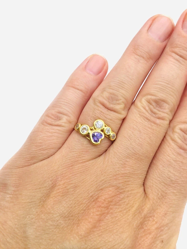 Anillo de oro amarillo de 18 quilates con piedras de circonita cúbica corazón púrpura talla 6,5, 1,8 g promesa cumpleaños Foto 4 de 4
