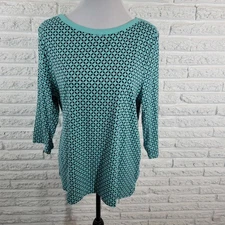 Croft Barrow Womens Top XXL Plus 3/4 Sleeve Blue Geometric Cotton Deco Buttons