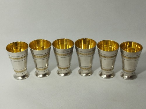 Set of 6 Antique Russian Silver 84 Small Vodka Cups Glasses