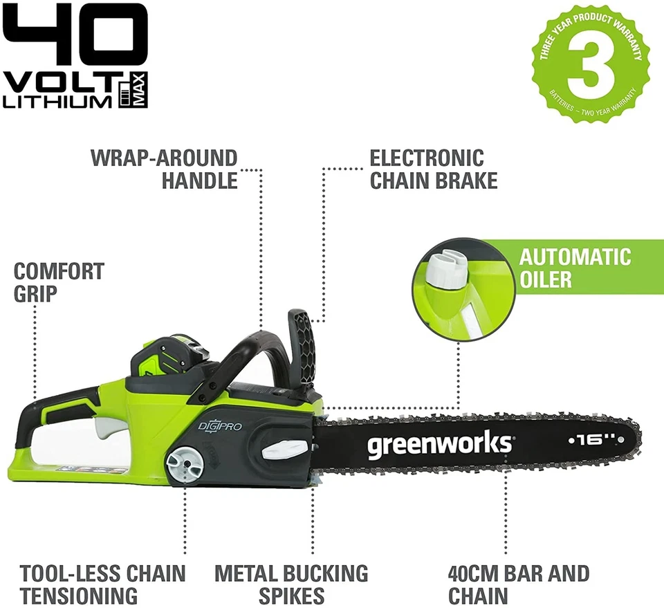 40V Akku Kettensäge 40cm Greenworks GD40CS40, ohne Batterie und Ladegerät - Bild 2 von 4