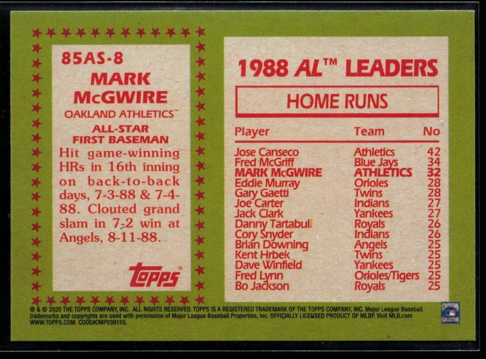 2020 Topps '85 All-Stars #85AS-8 Mark McGwire - Image 2 of 2