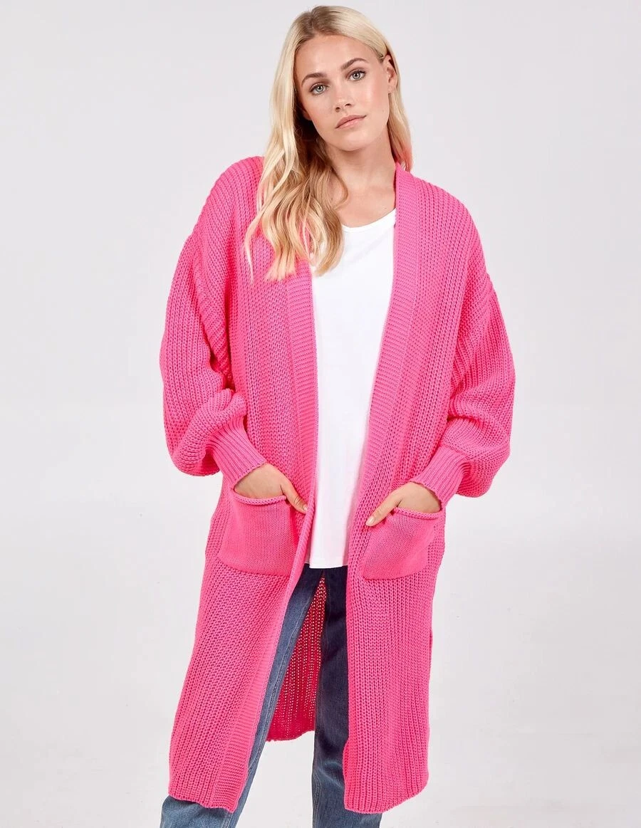Longline Hot Pink Double Pocket Knitted Cardigan Made In UK One Size 8 16